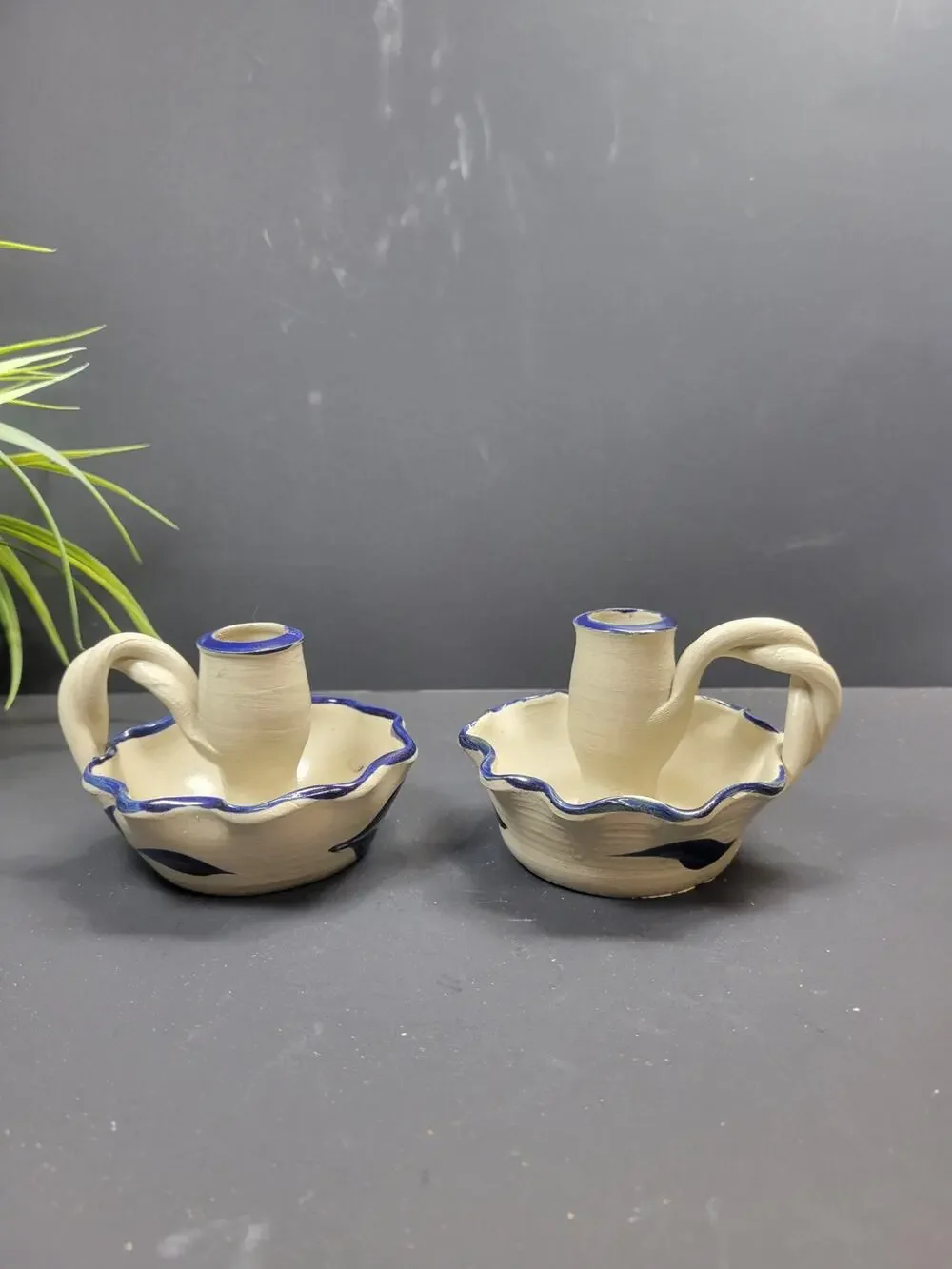 Williamsburg Pottery Candle Holder, WPF Cobalt Blue Leaf Finger Candle Stick